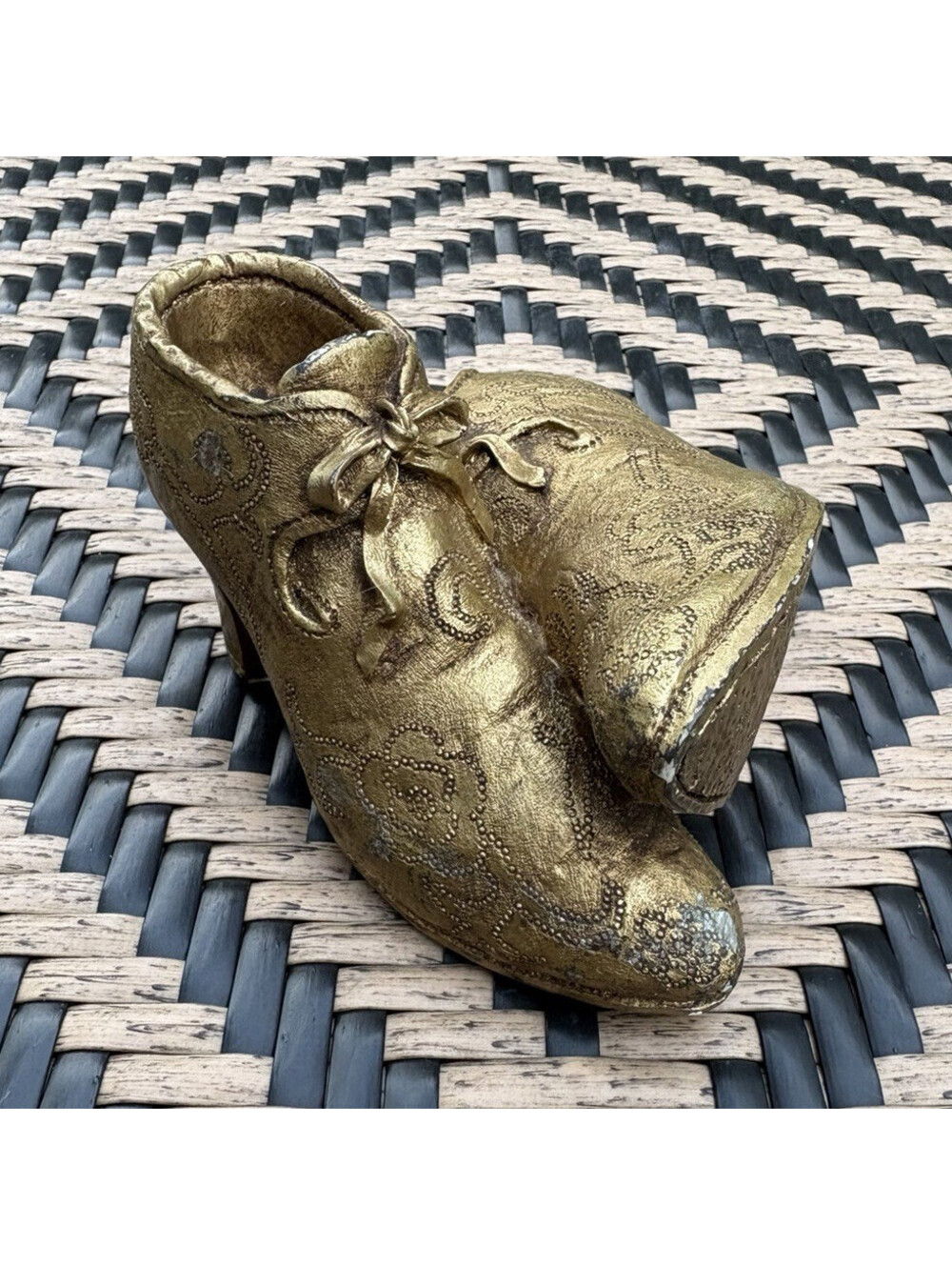Gold Metallic Victorian-Style Shoe Figurines Set of 2 Textured Floral 5in